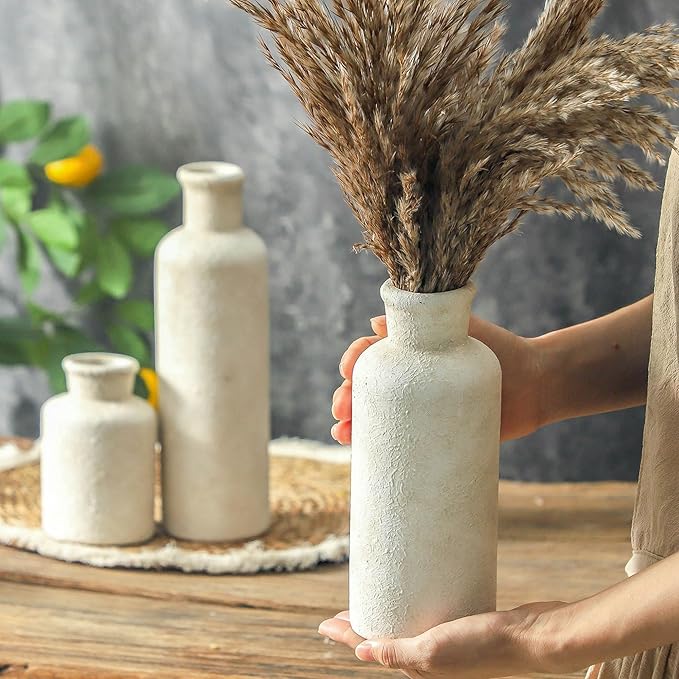 Ceramic Vases Set of 3, Whitewashed Neutral Flower Vases Home Decor, Pottery Rustic Farmhouse Decorative Vases Modern Decor for Table Mantel Entryway Bookshelf Living Room Kitchen Bedroom - Image 3