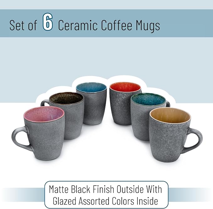 BTaT- Porcelain Coffee Mugs Set, 12 oz (350ml), 6 Pack, Ceramic Coffee Mugs, Matte Black Outside and Colorful Inside, Restaurant Cups for Tea, Cappuccino, Cocoa, Cereal, Mug Gift Set, Dishwasher Safe - Image 2