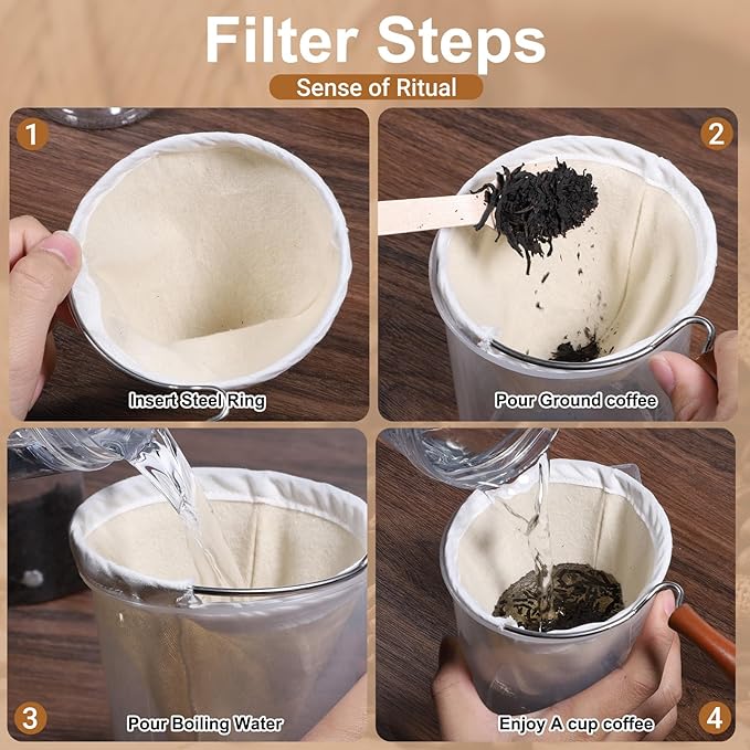 3PCS Coffee Sock Strainer with Wooden Handle, Washable Cloth Coffee Filter, Reusable Coffees Sock Filter for Coffees Shop Home Office Handmade