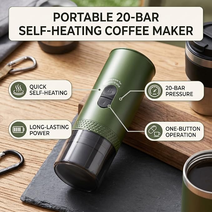 Portable Electric Capsule Coffee Maker 20bar (Green) | SelfHeating Travel Coffee Machine, 7800mAh, Stainless Steel, Ideal for Camping RV Hiking Office, 5 Cups per Charge - Image 4