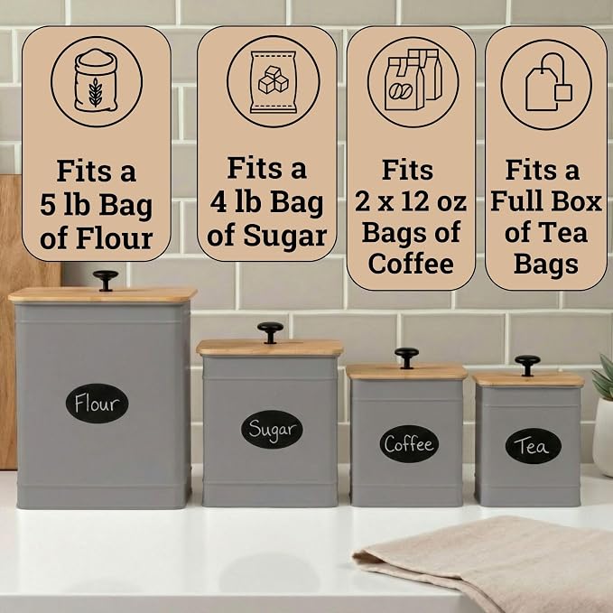 Kitchen Canisters for Countertop Set of 4 w/ Chalkboard Labels & Marker Pen | Airtight Easy Open Bamboo Lids, Dent-Resistant Thick Metal, Customizable Chalkboard Labels, Marker Pen Included, Set of 4 - Image 3