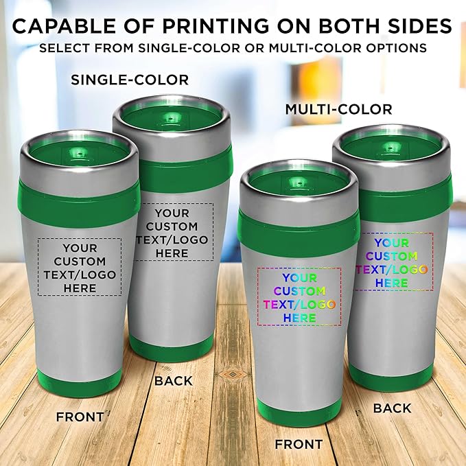Custom Insulated Stainless Steel Travel Mugs 16 oz. Set of 10, Personalized Bulk Pack - Perfect for Coffee, Soda, Other Hot & Cold Beverages - Green