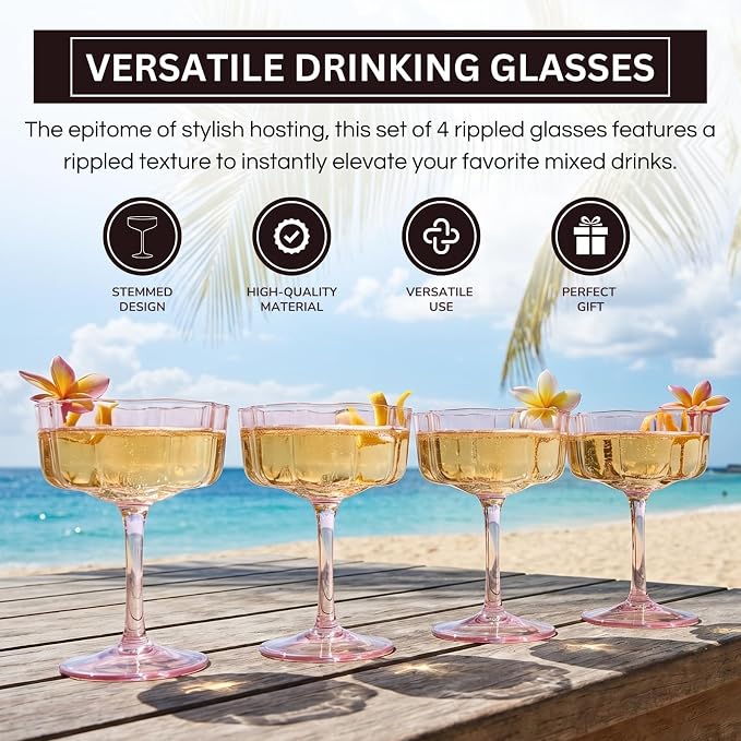 Flower Scalloped Vintage Wavy Petals Wave Glass Coupes 7oz Colorful Martini, Champagne & Cocktails, 4 Set Pink Rippled Champagne Glasses, Elegant Bar Glassware, Unique Aesthetic Coupe Glassware Gifts - Image 4