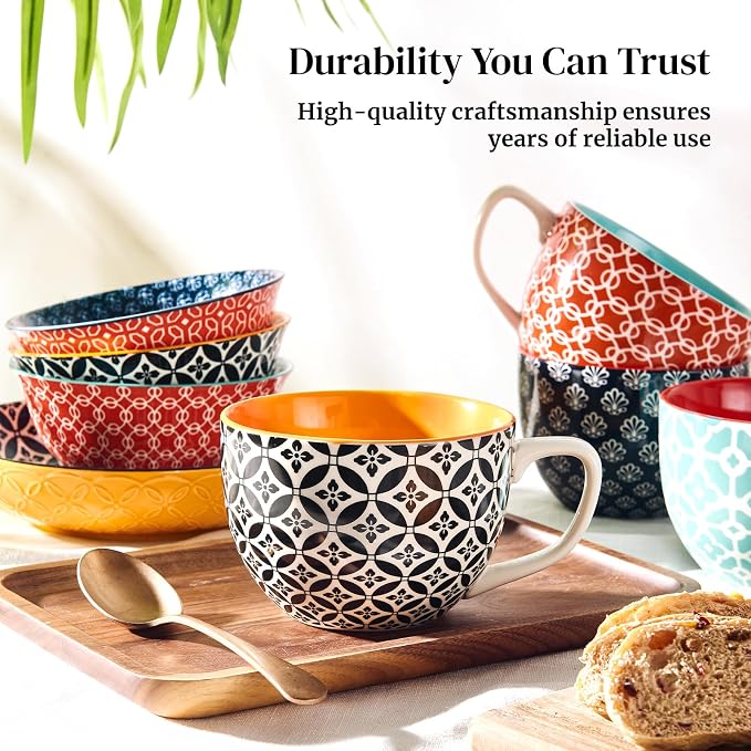 DOWAN 24 OZ Boho Mosaic Soup Mugs with Handle, Large Coffee Mugs Set of 4 | Six Design! Large Ceramic Mugs for Soup/Coffee/Cereal/Latte, Thanksgiving and Housewarming Gifts for Family and Friends - Image 8