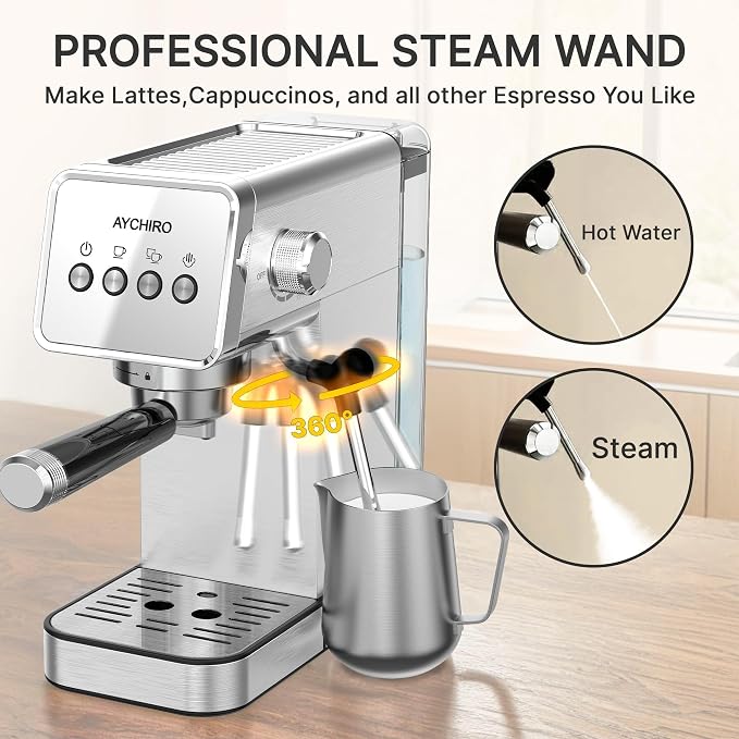 AYCHIRO 20-Bar Espresso Machine with Milk Frother, Professional Espresso Coffee Machine for Home, Stainless Steel Cappuccino Maker, Removable Water Tank & Drip Tray, Silver - Image 6
