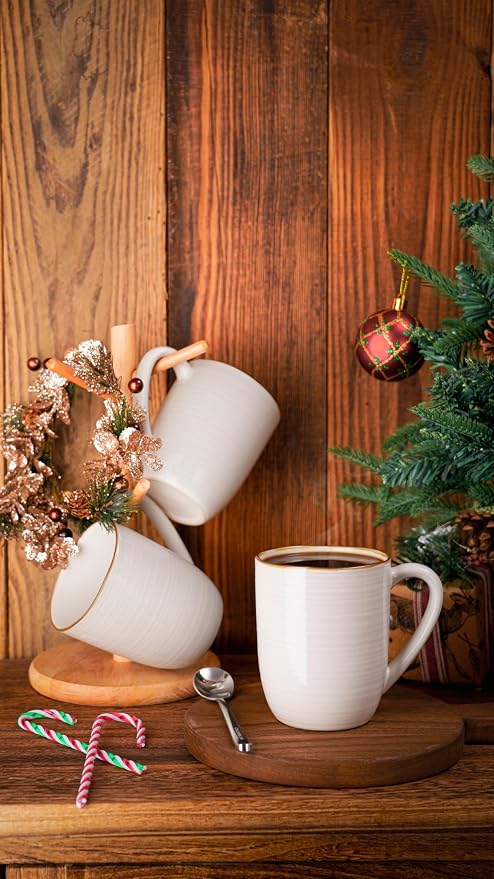 famiware Tempus Coffee Mugs Set of 4, 14 oz Coffee Cup Set, Stoneware Mugs with Handle for Coffee, Tea, Cocoa, Milk, Cappuccino, Microwave Safe - Antique White - Image 7
