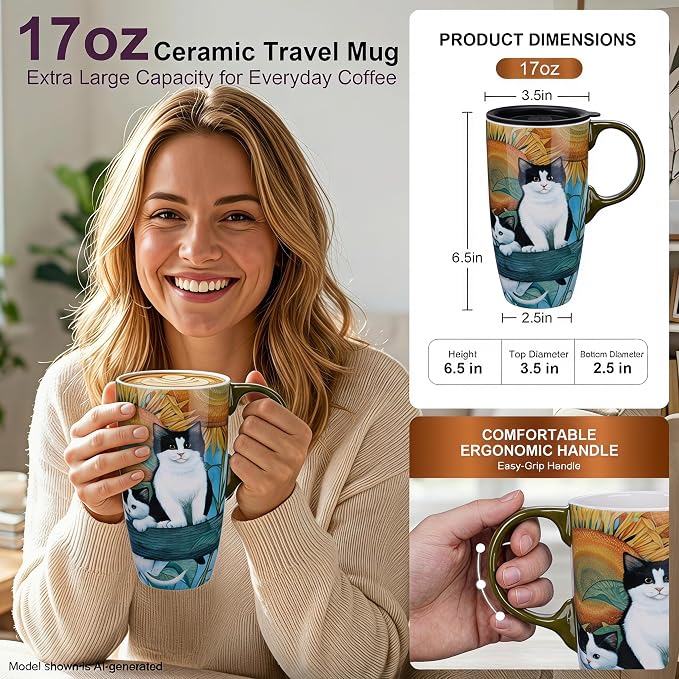 Topadorn 17oz Ceramic Travel Mug with Lid, Sunflower & Cat Coffee Mug | Coffee Mug with Handle, Cat & Sunflower Design, Spill-Resistant Lid, Microwave & Dishwasher Safe, Gift Box Included - Image 4