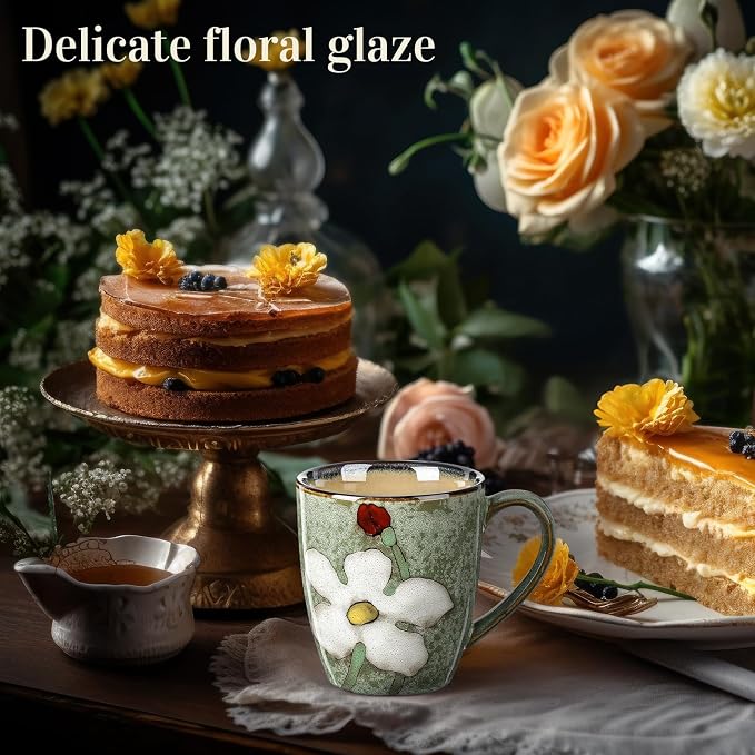 Maxdot 1 Pcs 12oz Ceramic Coffee Mugs Sets Glazing Process Cappuccino Mug Floral Ceramic Tea Cups Idea Gift Set for Women Porcelain Cup for Coffee, Cocoa, Tea, Latte (Retro) (Fresh) - Image 6