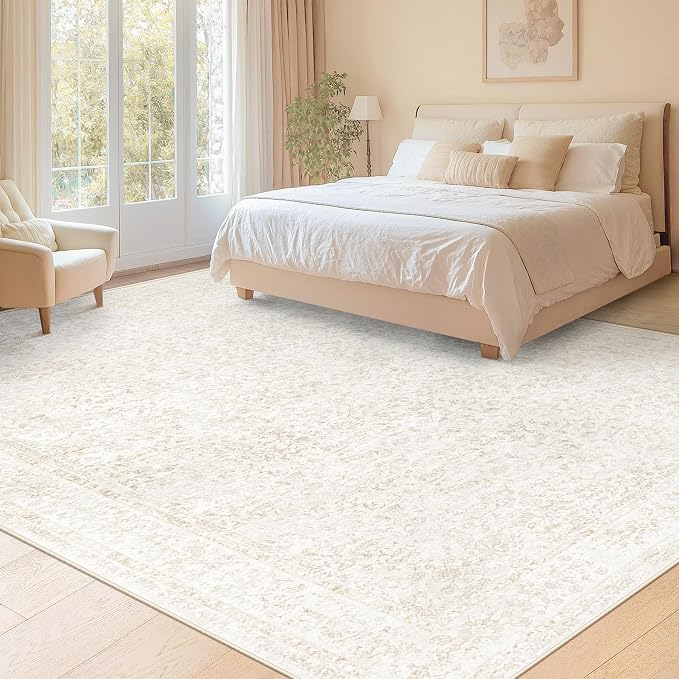 9x12 Area Rugs for Living Room: Washable Large Vintage Floral Rug Low Pile Non-Slip Boho Carpet for Bedroom Dining Home Office (Floral Beige, 9'x12') - Image 5