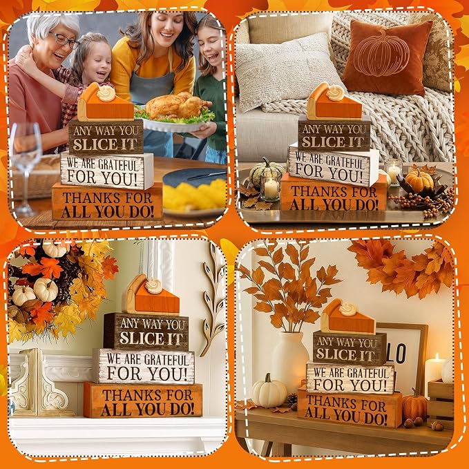 Moucuny 4 Pcs Fall Coffee Table Decor Fall Decoration for Home Wooden Stacked Block with Pumpkin Pie Topper Rustic Thanksgiving Tiered Tray Decor for Harvest Party Home Kitchen Coffee Bar - Image 5