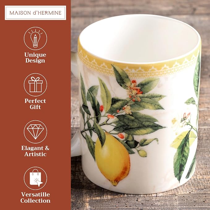 Maison d' Hermine Coffee Mug with Handles Tea Cups (12 Ounce, Pack of 1) | Fine Bone China Coffee Mugs for Hot Beverages Cappuccino Latte Home Restaurant Hotel Spring Summer -Limoncello - Combava - Image 2