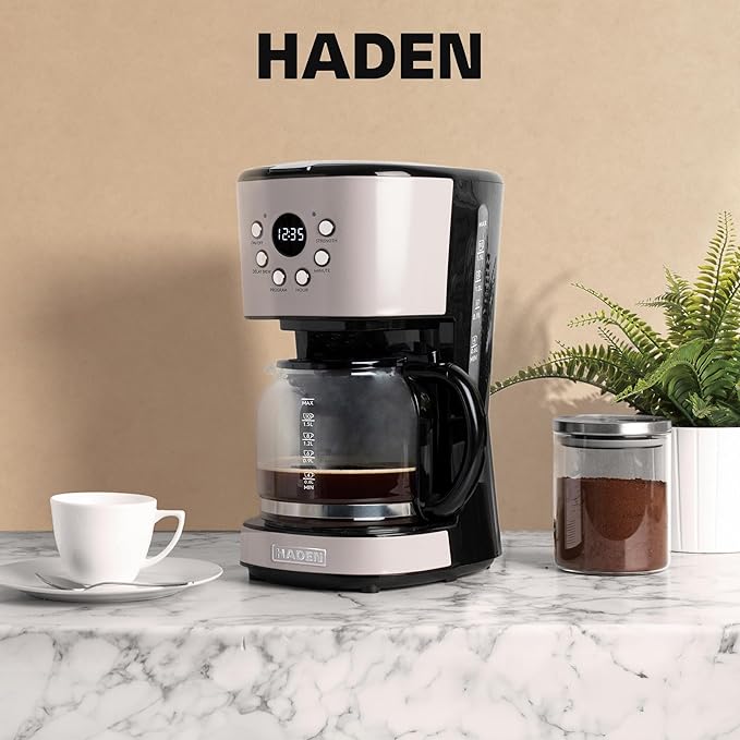 HADEN 12-Cup Programmable Coffee Maker for Home or Office, Putty & Chrome – Drip Brewer Machine with Brew Strength, Delay Brewing, Auto Shut-Off and Reusable Washable Water Filter - Image 6