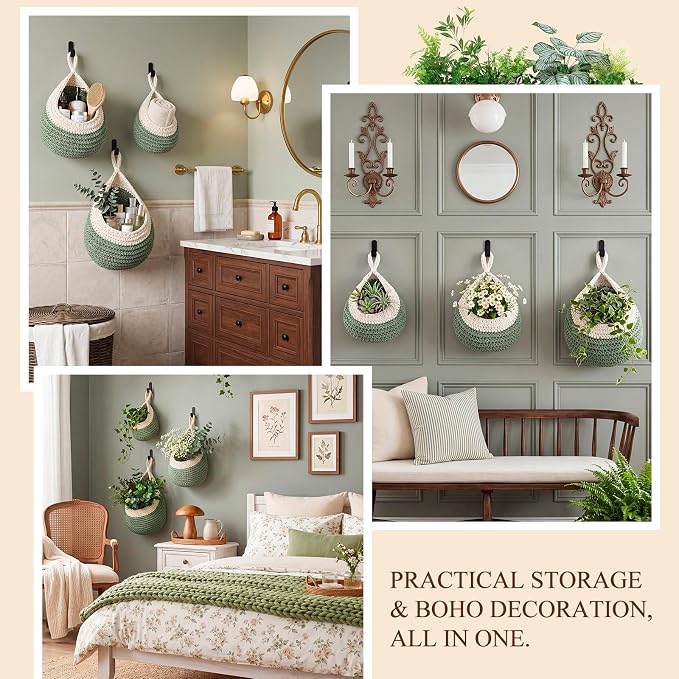 Honeydak Boho Decor Hanging Wall Baskets for Kitchen 3 Pack Teardrop Baskets with Hooks Storage Fruit Onion Vegetable Potato for Home 3 Sizes(White with Sage Green,Teardrop,Cotton Rope) - Image 7