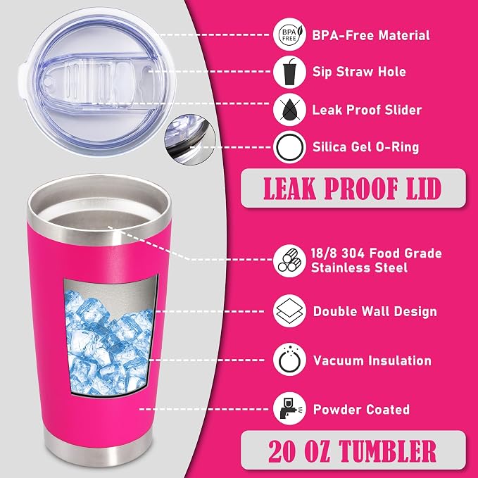 20oz Tumbler Insulated Coffee Tumblers with Lid Stainless Steel Hot Pink 1P | 20 oz Tumblers Double Wall Insulated Vacuum 20oz Coffee Mug Leak Proof Tumblers with Lid Powder Coated - Hot Pink 1 Pack - Image 3