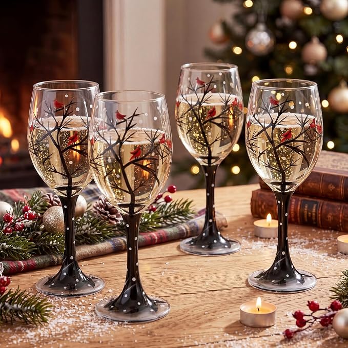 Yungyan Set of 4 Christmas Stemmed Wine Glasses Hand Painted Cardinal Winter Scene 15 oz Holiday Wine Goblets for Festive Dining Table Decor Stemmed Glassware Set for Seasonal Gifting and Party - Image 6