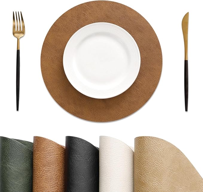 MOSAYT 13 Inch Round Vinyl Placemats Set of 8 - Faux Leather 100% Waterproof Oil-Proof Wipeable PU Place Mats, Heat Resistant Reversible Table Mats for Kitchen, Dining, Outdoor, Reddish Brown by MOSAYT
