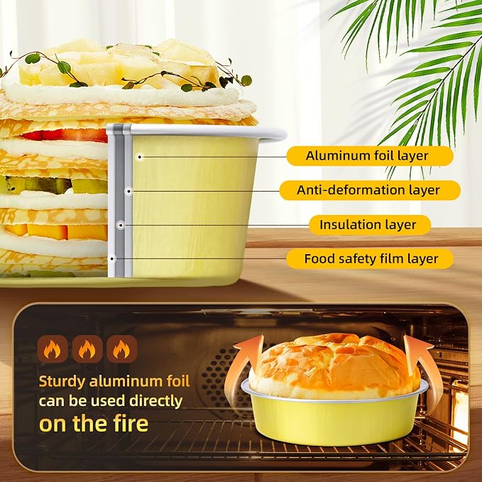 Beasea Mini Pie Tins with Lids, 120 Pack 4 Inch 8oz Disposable Creme Brulee Ramekins Golden Mini Small Aluminum Foil Pie Tart Cake Baking Pans Individual Round Containers Oven Safe for Baking - Image 3