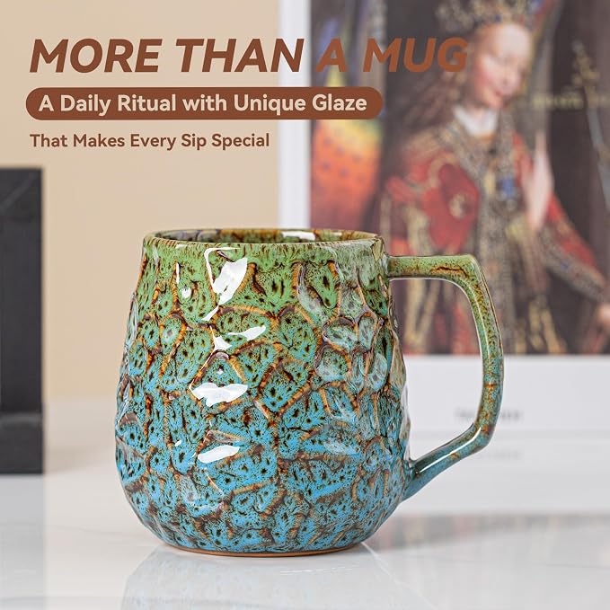 18oz Unique Kiln-Change Ceramic Coffee Mug, Handcrafted Hammered Texture Ceramic Mug with Ergonomic Handle, Microwave & Dishwasher Safe, Gift for Coffee Lovers, Home Office Daily Use (Green & Blue) - Image 8