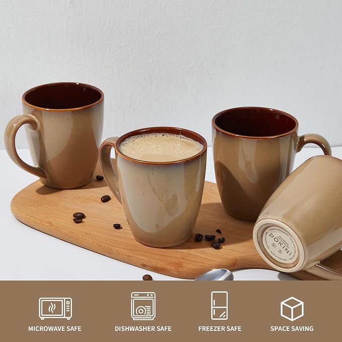 Pokini Coffee Mug 14 oz, Ceramic Coffee Mugs Set of 4, Reactive Glaze Mug for Latte/Tea/Cappuccino, Large Stackable Mug Set for Men, Women, Dad, Mom, Dishwasher & Microwave Safe, Brown Yellow - Image 6