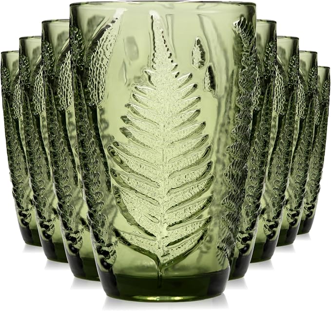 Green Drinking Glasses Set of 8, 12 oz Glass Cups, Vintage Fern Glassware | Hand-Pressed, Dishwasher Safe, Boho Leaf-Textured Drinkware, Embossed Highball Tumblers for Water, Retro Kitchen Gift by QELVIO