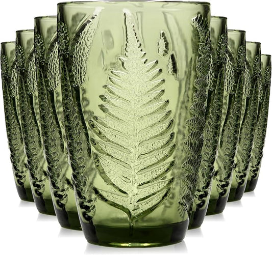 Green Drinking Glasses Set of 8, 12 oz Glass Cups, Vintage Fern Glassware | Hand-Pressed, Dishwasher Safe, Boho Leaf-Textured Drinkware, Embossed Highball Tumblers for Water, Retro Kitchen Gift by QELVIO
