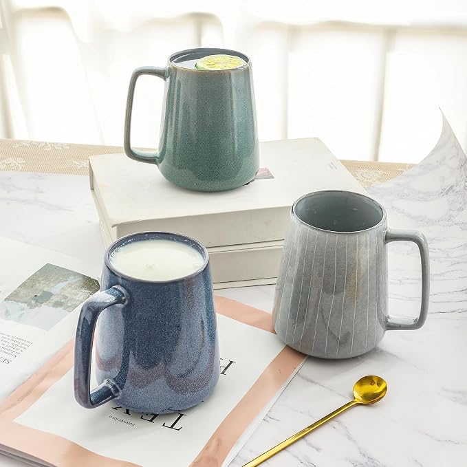 Large Ceramics Coffee Mugs,24 OZ,With Spoon And Wooden Lid,For Coffee,Tea,Cocoa,Large Handle Design,Microwave And Dishwasher Safe(Color:24 oz green set) - Image 3