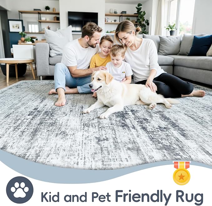 5x7 Washable Area Rug for Living Room Bedroom: Non-Slip Modern Black Grey | Machine Washable TPR Backing, Stain-Resistant Low Pile, Pet & Kid Friendly, Abstract Decor for Dining Room, Dorm, Home Office - Image 4
