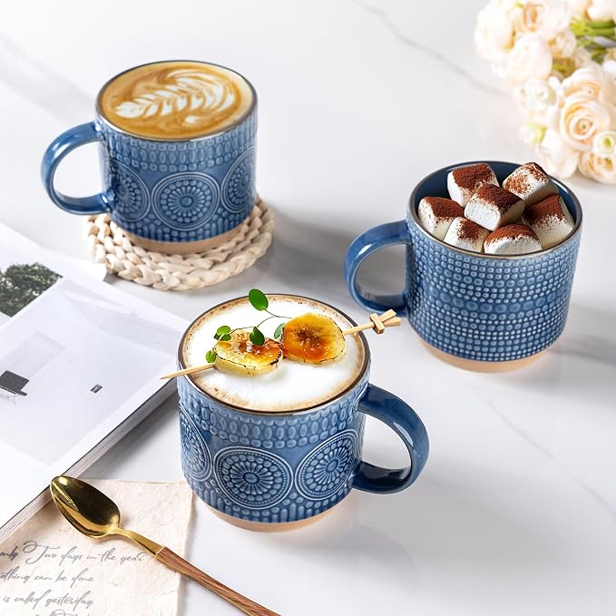 GBhome 16OZ Stackable Coffee Mugs, Ceramic Coffee Mugs with Texture Patterns for Man,Woman,Dad,Mom, Modern Coffee Mugs Set of 4 for Latte/Cappuccino/Cocoa. Dishwasher&Microwave Safe - Image 3