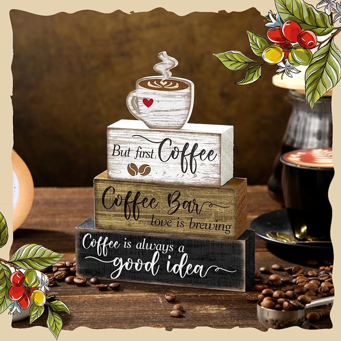 Moucuny 4 Pcs Wooden Coffee Bar Tabletop Decor Coffee Tiered Tray Decor Rustic Wood Bar Sign Gift Farmhouse Table Centerpiece Farmhouse Decorations for Home Kitchen - Image 2