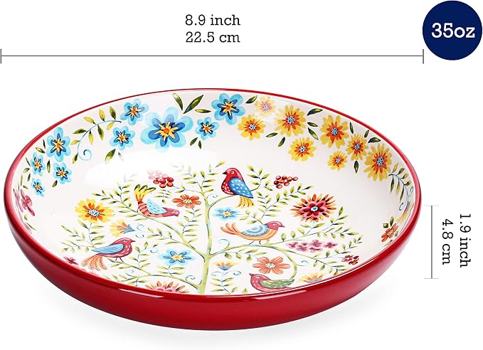 Bico Red Spring Bird Pasta Bowls, 35oz Salad Bowl Set of 4, Large Ceramic Serving Dinner Bowls for Soup and Cereal, Microwave and Dishwasher Safe, Gift for Housewarming and Thanksgiving - Image 2