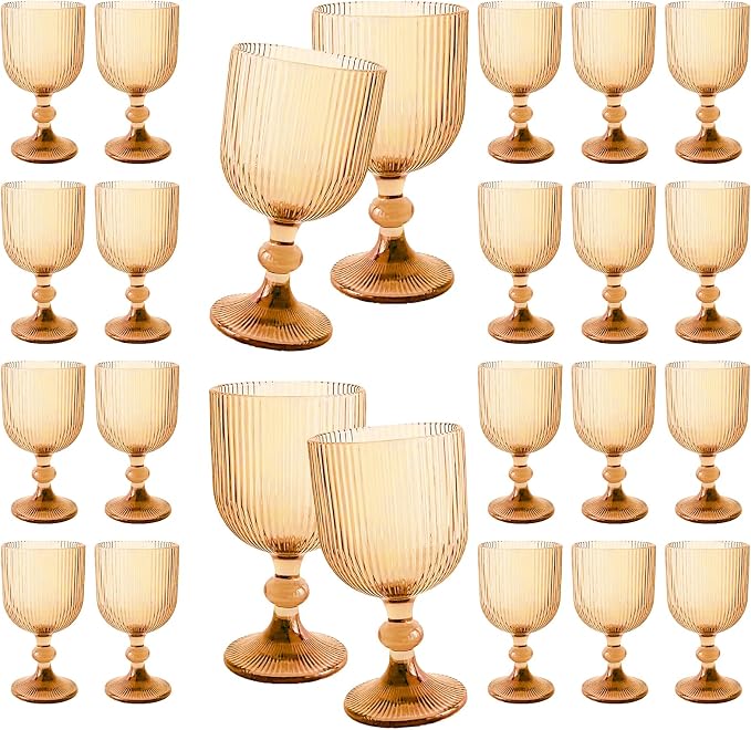 24 Pcs Vintage Wine Glasses, 11 Ounces Colored Glass Water Goblets, Colorful Unique Embossed Pattern High Clear Stemmed Glassware Wedding Party Bar Glass Drinking Cups Vertical Line Amber Set of 24 by XKXKKE