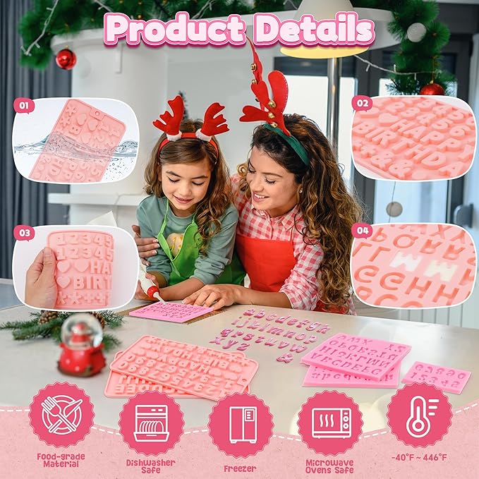 6PCS Chocolate Molds, Letters Numbers Silicone Chocolate Molds Reusable Alphabet Candy Molds with Happy Birthday Heart Shaped for Baking Desserts and Strawberries, Candy, Cake Decoration