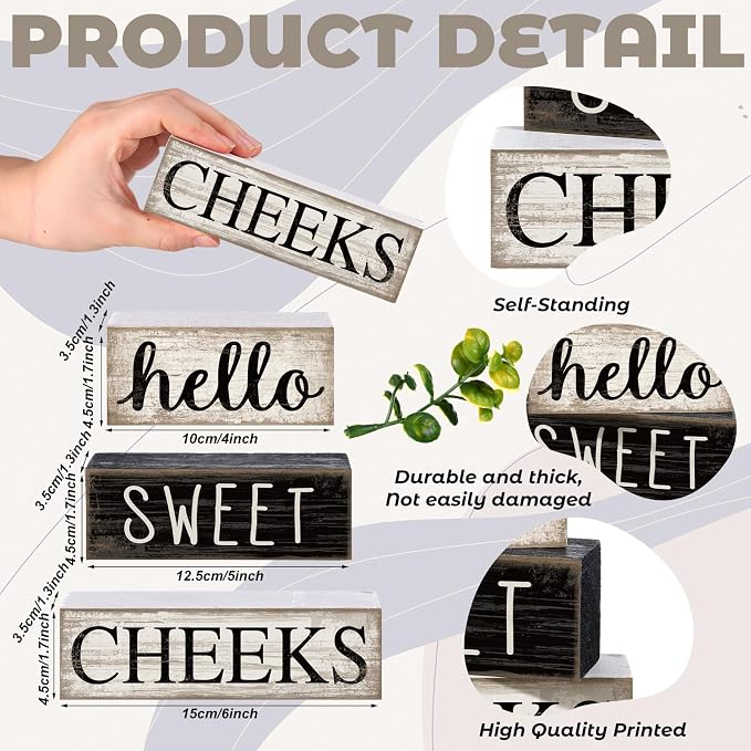 Moucuny 4 Pcs Bathroom Shelf Decor Hello Sweet Cheeks Sign Farmhouse Bathroom Decor and Accessories Rustic Eucalyptus Leaves Wood Block Sign Gift Sweet Home Table Centerpiece for Home Office - Image 2