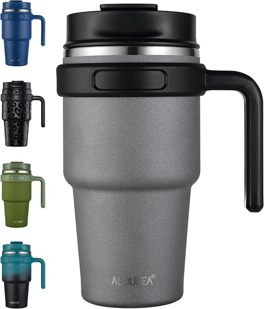 20 oz Insulated Coffee Mug Tumbler with Handle, Stainless Steel Travel Mug Tumbler with Lid and Straw, Double Wall Vacuum Leak Proof Ice Coffee Thermal Cup, Gray by ALOUFEA
