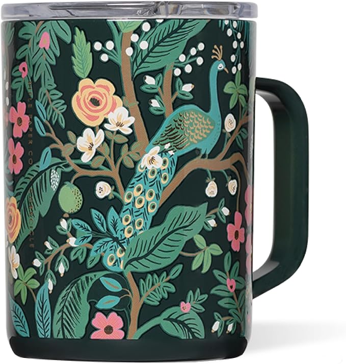 Corkcicle x Rifle Paper Co. Triple Insulated Coffee Mug with Lid & Handle - Keeps Beverages Hot for 3+ Hours - Gift for Mom - Great for Mother's Day or Christmas - 16 oz - Peacock Blue by Corkcicle