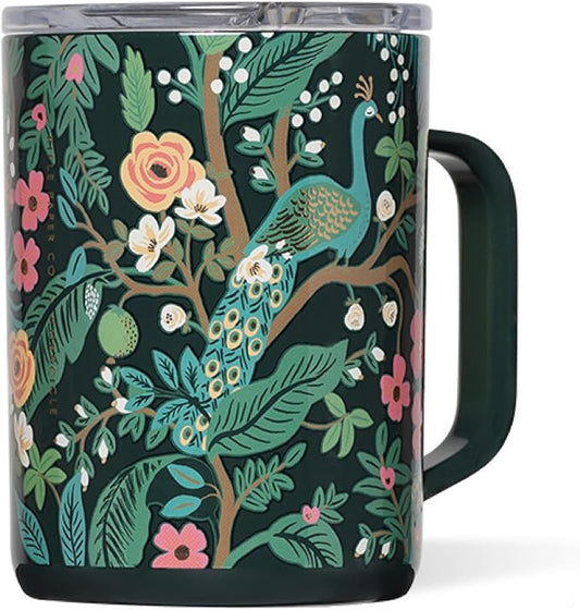 Corkcicle x Rifle Paper Co. Triple Insulated Coffee Mug with Lid & Handle - Keeps Beverages Hot for 3+ Hours - Gift for Mom - Great for Mother's Day or Christmas - 16 oz - Peacock Blue by Corkcicle