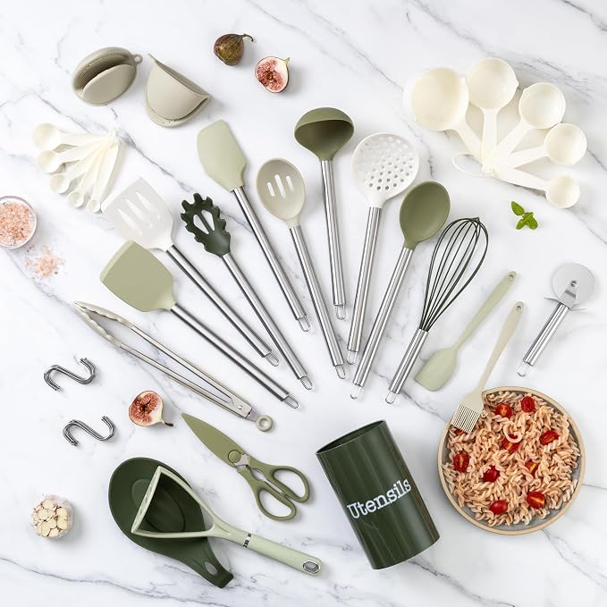 COOK WITH COLOR Silicone Cooking Utensils, Kitchen Utensil Set, Easy to Clean Silicone Kitchen Utensils, Cooking Utensils for Nonstick Cookware, Kitchen Gadgets Set, 38 Piece, Green - Image 6