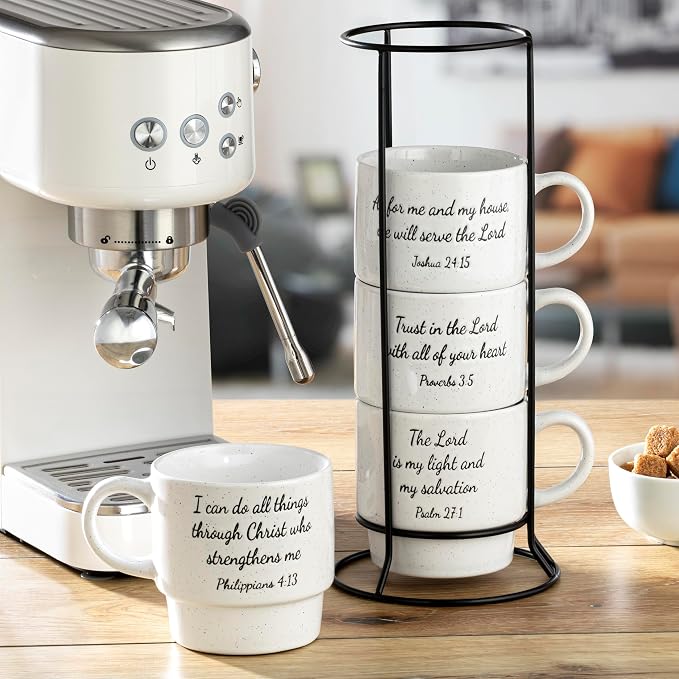 Signature Housewares Stackable Coffee Mug Tower Set with Metal Wire Rack - 15 Ounce Coffee Mugs for Coffee, Tea, Cocoa, Milk, Cappuccino, Hot Chocolate Set of 4 - Inspirational Bible Verses - Image 7