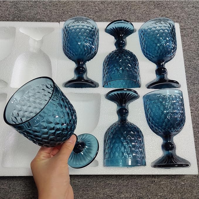 Taganov Blue Wine Glass Goblets set of 6 Vintage Glassware Colored Stemware 13.5 oz for Wedding Party Bar Housewarming Gift - Image 3