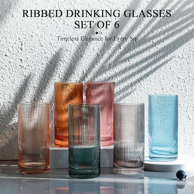Physkoa Colored Ribbed Drinking Glasses Set of 6 - Vintage Highball Glasses Colorful,Embossed Ribbed Design Tumbler Glass for Cocktail,Juice,Mixed Drinks,Water,Holiday Party Supplies Gifts - Image 3