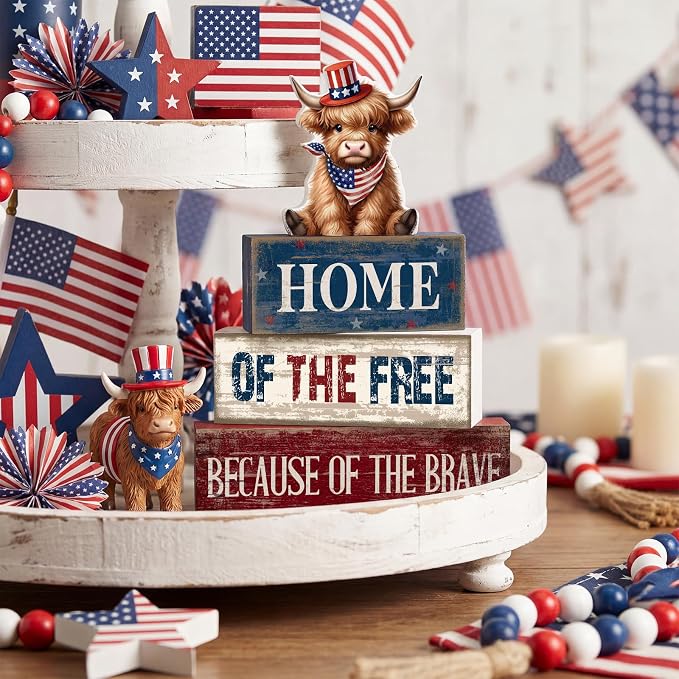 Moucuny 4 Pcs 4th of July Decorations Patriotic Highland Cow Wooden Block Sign Set America Table Decor Patriotic Tiered Tray Decor Red White Blue Memorial Day Centerpieces for 250th Anniversary Home - Image 6