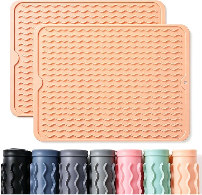 CAKETIME 2 Pack Silicone Dish Drying Mat for Kitchen Counter Waterproof Place mats Sink Protector Stove Top Organizer Appliance Storage Vanity Trays Dryer Rack Drainers Items 15"x11.5" Beige by CAKETIME