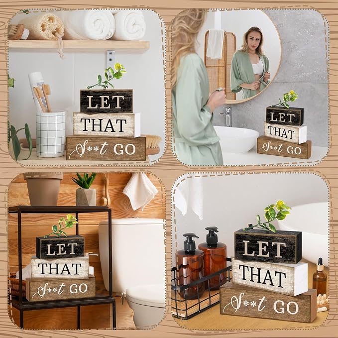 Moucuny 4 Pcs Bathroom Shelf Decor Sign Farmhouse Bathroom Decor and Accessories Rustic Eucalyptus Leaves Wood Block Sign Gift Let That Shit Go Funny Farmhouse Table Centerpiece for Home Office Toilet - Image 5