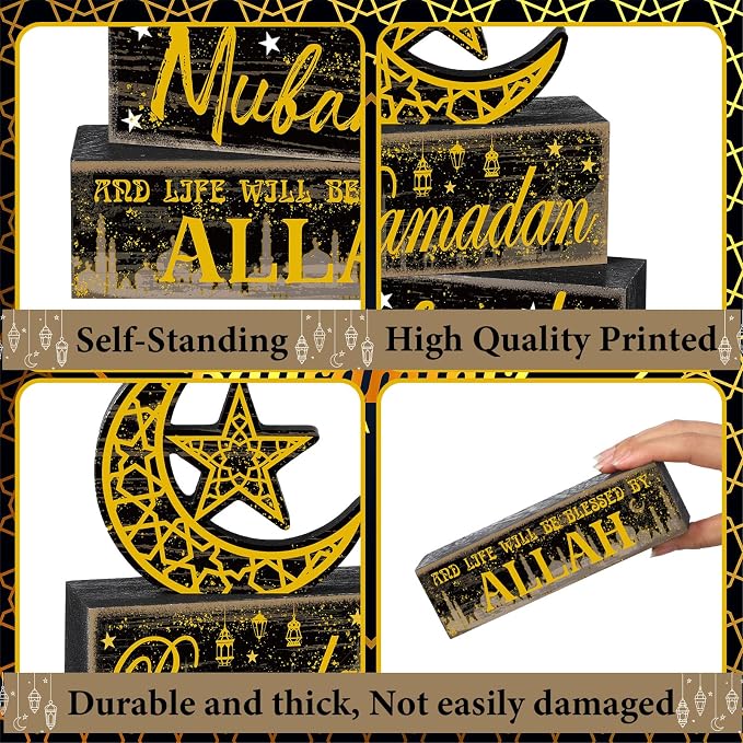Moucuny 4 Pcs Ramadan Mubarak Table Decor Wooden Eid Mubarak Tabletop Signs for Home Black and Gold Muslim Islam Ramadan Mubarak Centerpiece for Islamic Gifts Kareem Home Table Decor - Image 5