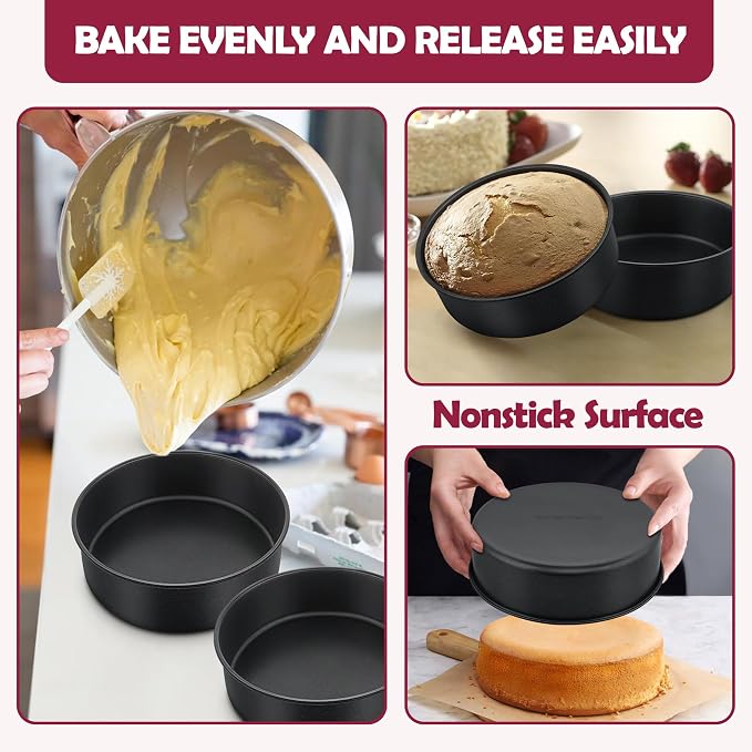 E-far 8 Inch Cake Pan Set of 3, Nonstick Round Baking Layer Cake Pans, Stainless Steel Core & Non-Toxic Coating, 2 Inch Deep (Black) - Image 4