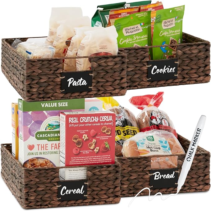 Best Choice Products Set of 4 16x12in Large Water Hyacinth Pantry Baskets, Woven Organizers w/Chalkboard Label, Chalk Marker - Brown by Unknown