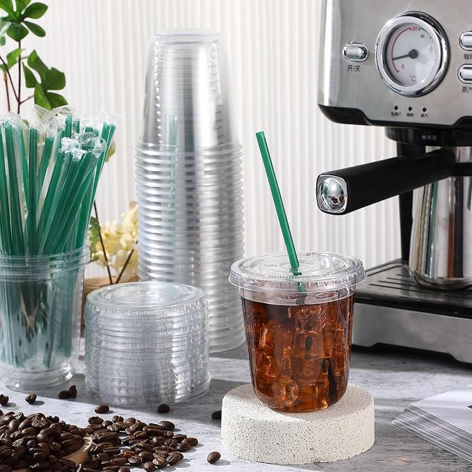 Baderke 25 Set Plastic Cups with Lids and Straws, Disposable Plastic Iced Coffee Cup for Cold Beverage Juice Smoothie Crystal for Coffee Shops Party Catering(Clear,14 oz) - Image 2
