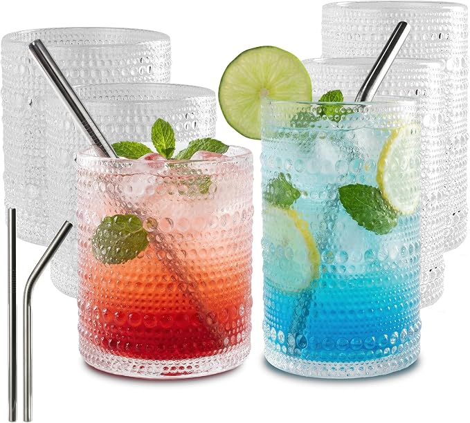 CycleMore Set of 12 Vintage Hobnail Drinking Glasses, 12 oz Highball Glasses & 10 oz Cocktail Glasses, Bar Tumbler Glassware for Water, Juice, Beer, Whiskey, Cocktail, Smoothie by CycleMore