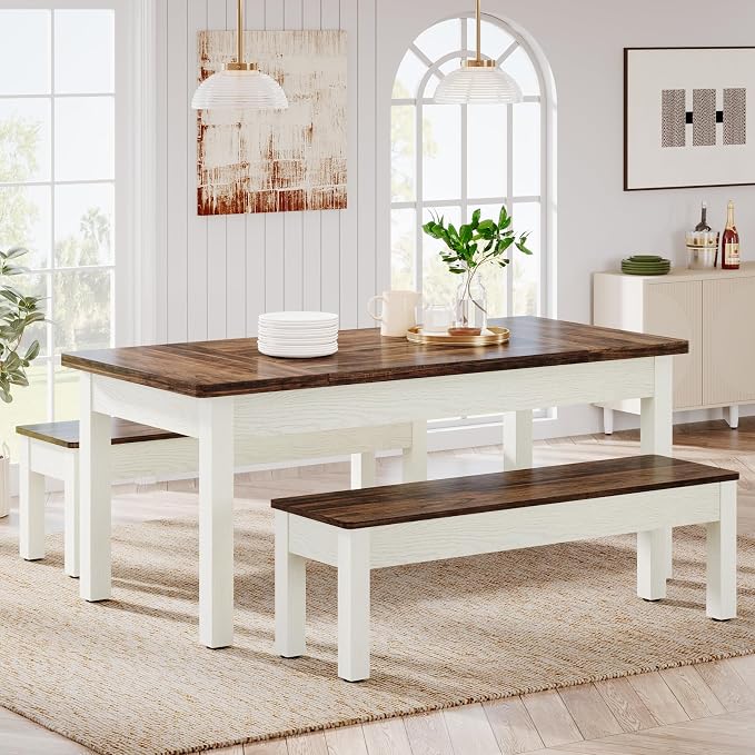 Tribesigns Farmhouse Kitchen Table Set for 4-6, 55-Inch Wooden Dining Table with 2 Benches, Space Saving 3 Pieces Heavy Duty Dinette for Dining Room, Kitchen, Small Space by Unknown