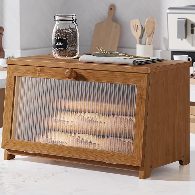 Kitsure Wooden Bread Box for Kitchen Countertop, 1-Tier, Brown | Large Capacity Kitchen Countertop Organizer, Stylish Bread Storage with Window, Multi-functional Container by Kitsure